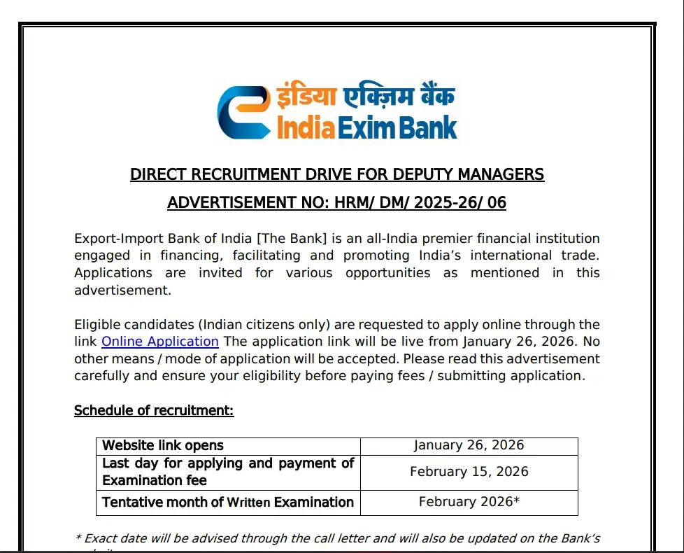 Exim Bank Deputy Manager Recruitment 2026