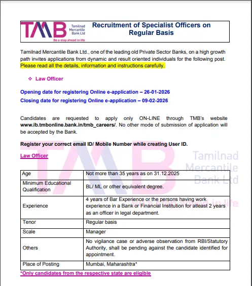 TMB Law Officer Recruitment 2026 official notification
