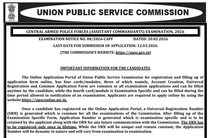 UPSC CAPF AC Bharti 2026 Official Notification