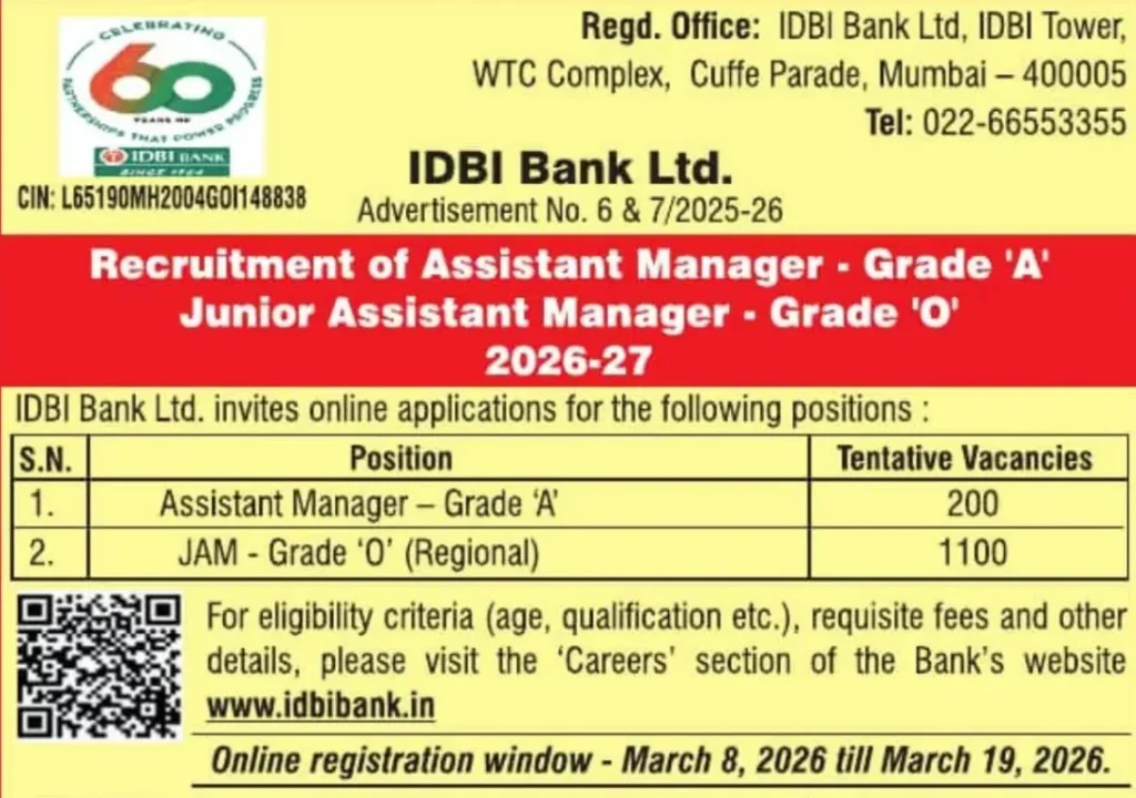 Officail Notice IDBI Bank JAM & Assistant Manager Bharti 2026